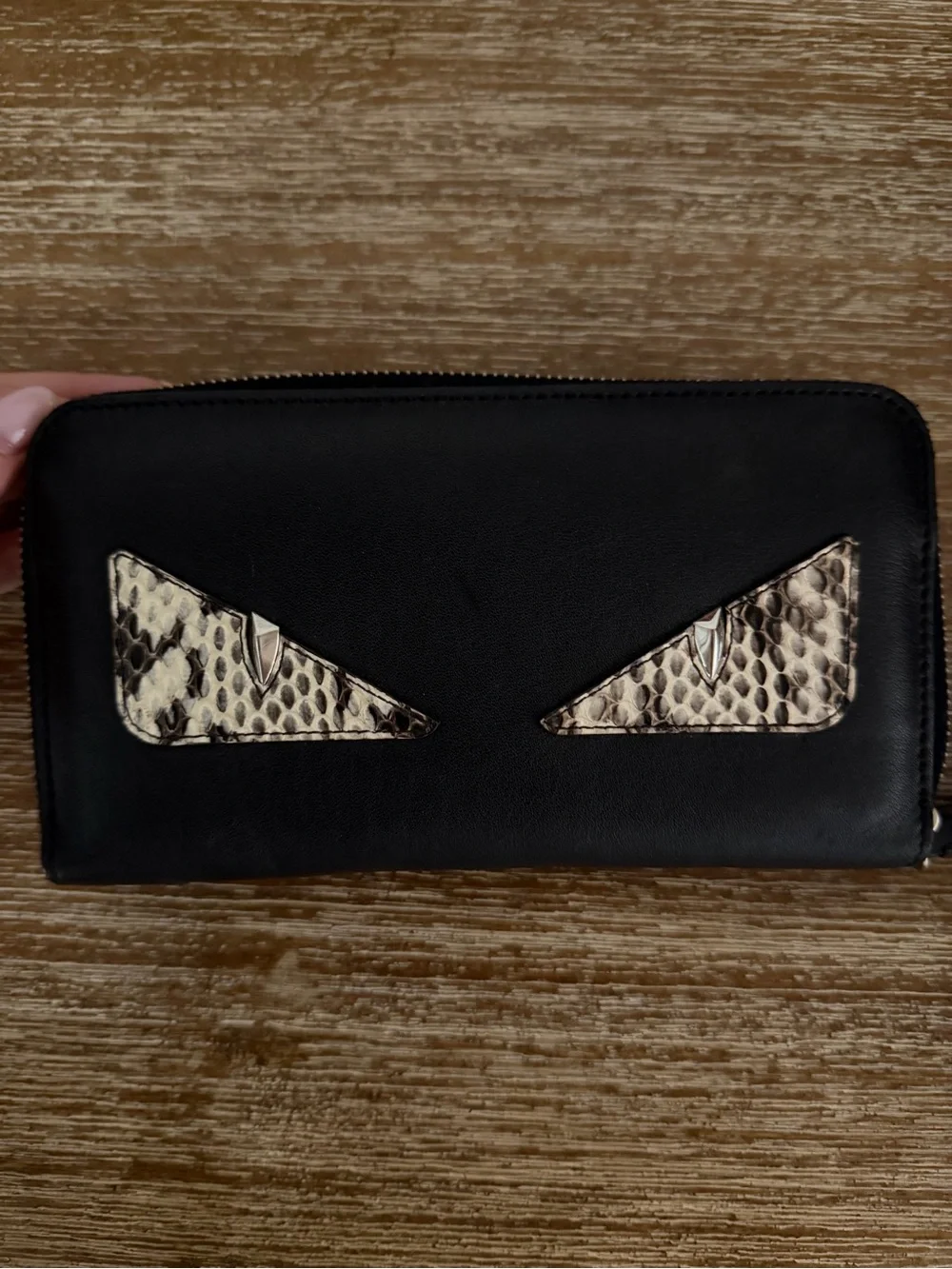 RARE FENDI PYTHON Black Wallet/Clutch with Snake-Print Eye Accents